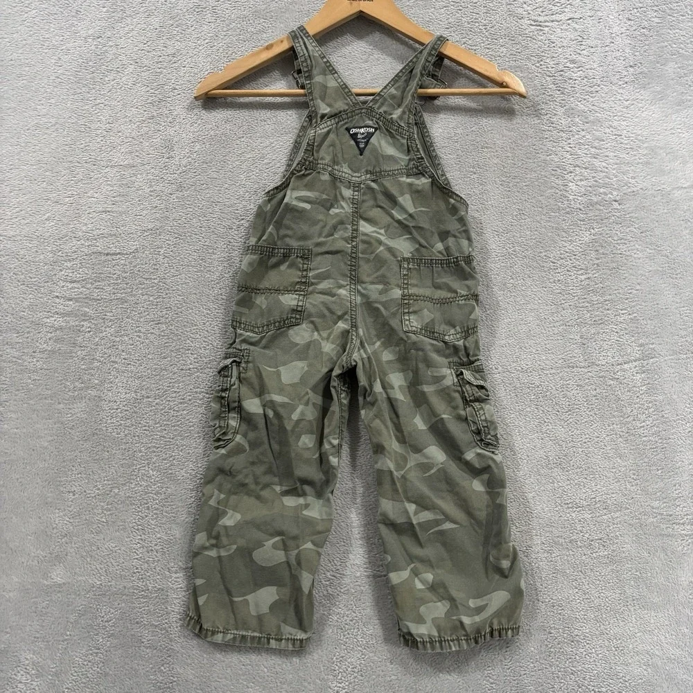 OshKosh B'Gosh Camo Overalls Bib Youth Kids 3T Cargo Pockets Utility Green